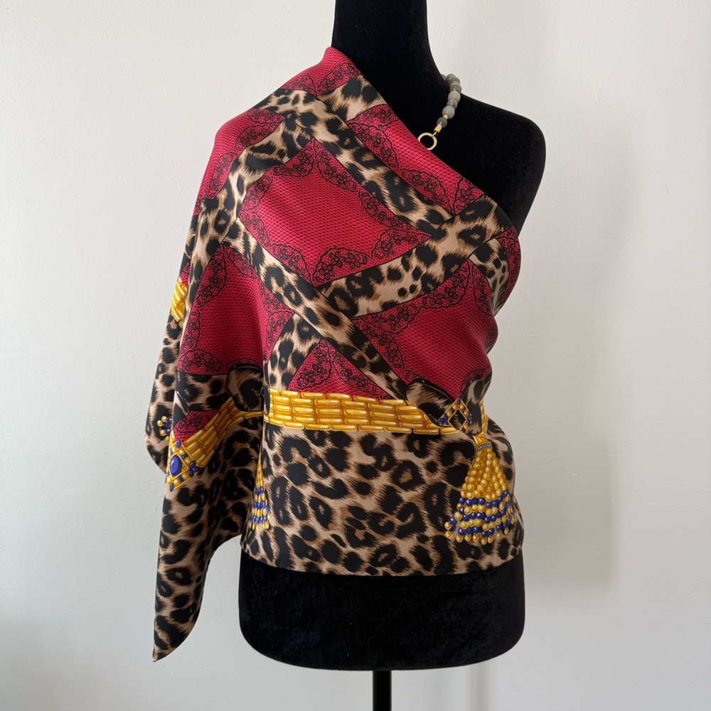 Valentino Leopard & Red Silk-Effect Decorative Silk Scarf